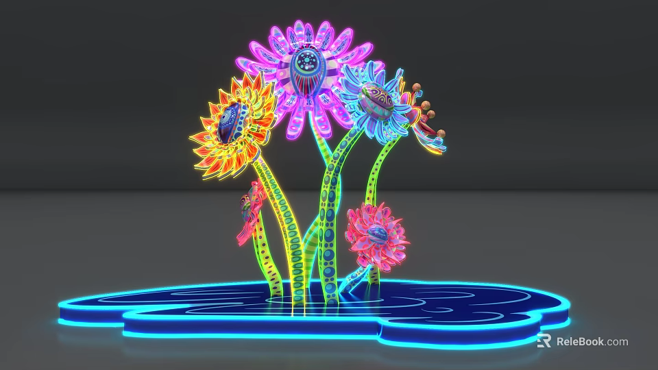 Colorful Neon Art Installation With Illuminated Flowers Green Stems And Blue Base 3d model 