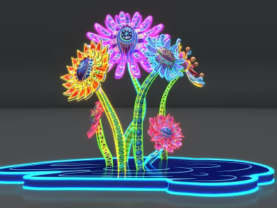 Colorful Neon Art Installation With Illuminated Flowers Green Stems And Blue Base 3d model