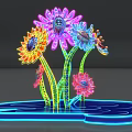 Colorful Neon Art Installation With Illuminated Flowers Green Stems And Blue Base