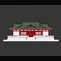 Cartoon Style Traditional Chinese Red Building With Green Roof On White Platform