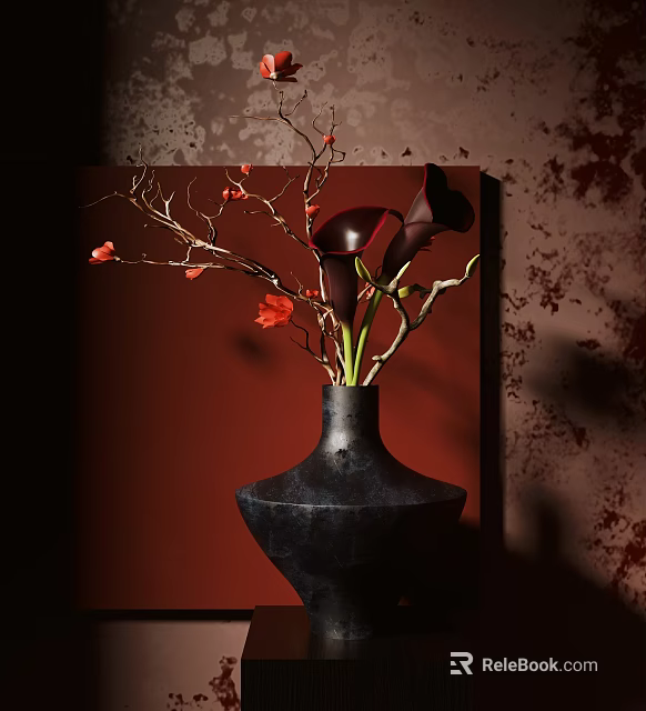 Decorative Ornament Set With Black Vase Red Flowers And Branches On Red Speckled Wall 3d model 