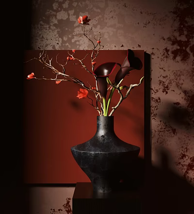 Decorative Ornament Set With Black Vase Red Flowers And Branches On Red Speckled Wall 3d model