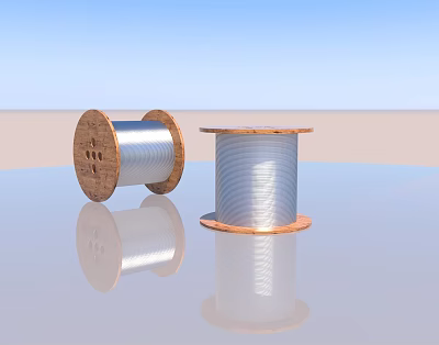 Construction Spools With Wooden Ends Wound Silver Wire On Smooth Surface And Blue Sky Background 3d model