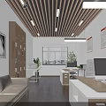 Modern Office Interior With Wooden Slat Ceiling White Walls Windows Plants Desks Computers And Sofa 3d model