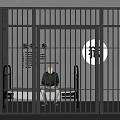 Prison Cell Interior With Iron Bars Bed And Inmate Sitting By Wall Inscriptions