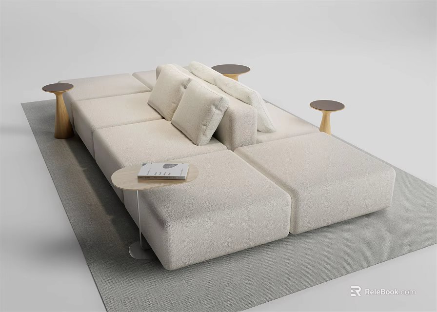 Modern Beige Fabric Sectional Sofa With Cushions And Side Tables In Living Room 3d model 