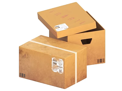 Sturdy Brown Cardboard Boxes With Straps Labels Barcodes And Open Lid For Packaging 3d model