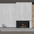 Modern Fireplace Interior Design with Burning Fire Stacked Firewood and Decorative Bowl on Gray Shelf