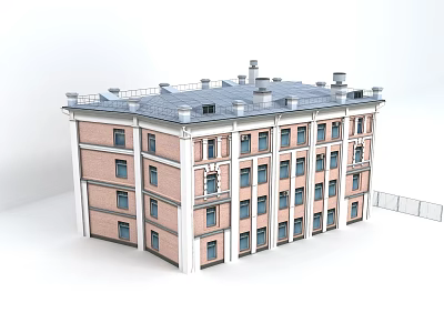 Classical Style Office Building With Brick Red Exterior White Frames Gray Roof And Decorative Top 3d model