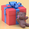 Red Gift Box With Blue Bow And Brown Teddy Bear Holding Martini Glass