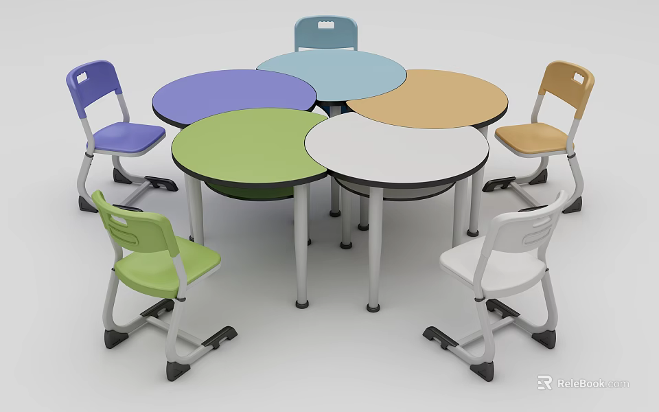 Colorful Round Student Desks With Multicolored Chairs In Classroom Learning Space 3d model