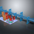 Blue Bridge with Red and Brown Buildings and Small Green Area