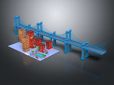 Blue Bridge with Red and Brown Buildings and Small Green Area 3d model