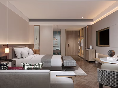 Elegant Modern Hotel Room Interior With King Bed Crisp Linens And Herringbone Wooden Flooring 3d model