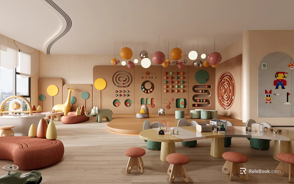 Colorful Children's Playground With Hanging Balls Circular Designs And Cozy Seating Areas 3d model 