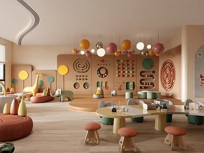 Colorful Children's Playground With Hanging Balls Circular Designs And Cozy Seating Areas 3d model