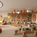 Colorful Children's Playground With Hanging Balls Circular Designs And Cozy Seating Areas