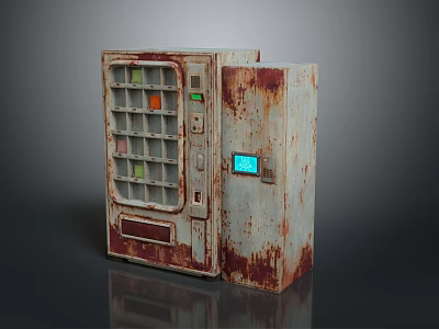 Vintage Rusted Vending Machine With Glass Door Compartments And Blue Screen 3d model