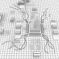 3D Rendering of Computer Chip With Blue Components and Grid Background
