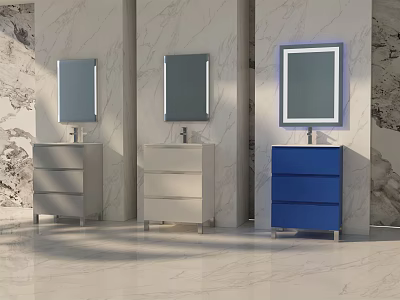 Modern Bathroom Vanities With Gray Beige Blue Cabinets And Mirrors On Marble Walls 3d model