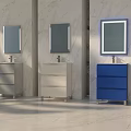 Modern Bathroom Vanities With Gray Beige Blue Cabinets And Mirrors On Marble Walls