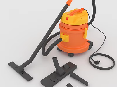 Orange And Yellow Vacuum Cleaner As Household Electrical Appliance With Attachments Wheels And Hose 3d model