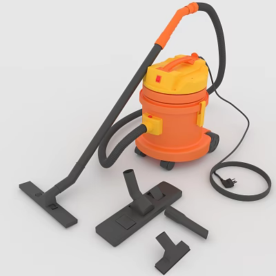 Orange And Yellow Vacuum Cleaner As Household Electrical Appliance With Attachments Wheels And Hose 3d model