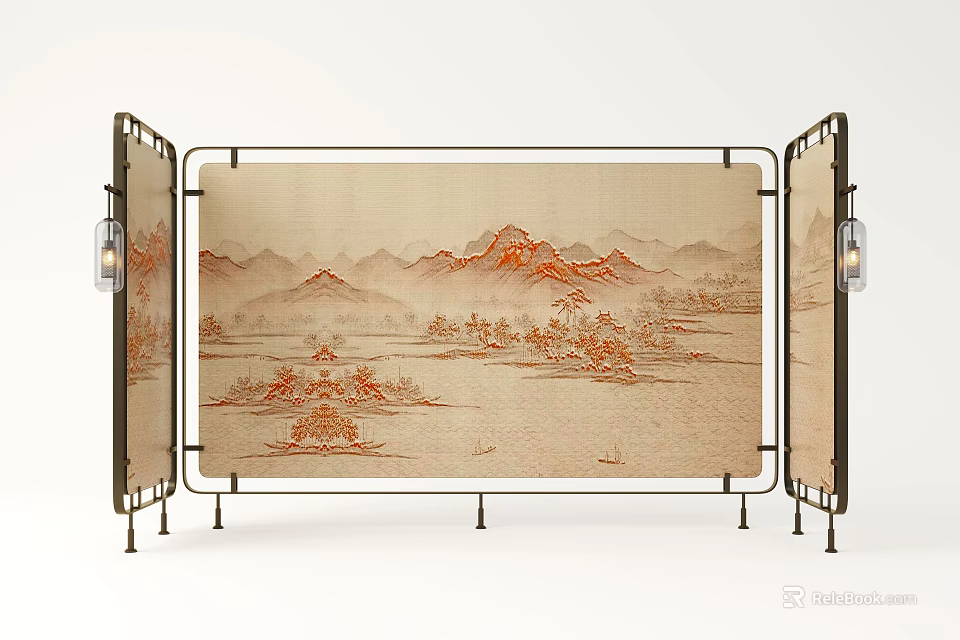 Traditional Chinese Landscape Decorative Screen With Metal Frame And Beige Panel 3d model 