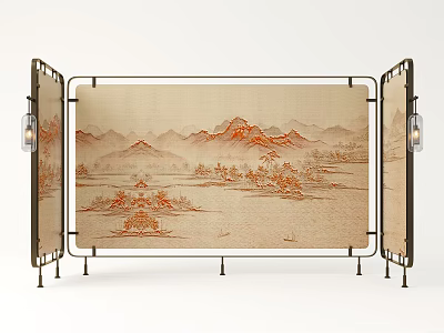 Traditional Chinese Landscape Decorative Screen With Metal Frame And Beige Panel 3d model
