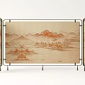 Traditional Chinese Landscape Decorative Screen With Metal Frame And Beige Panel