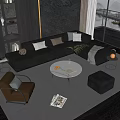 Modern Gray L shaped Sofa and Round Coffee Table Set with Throw Pillows and Ottoman 3d model