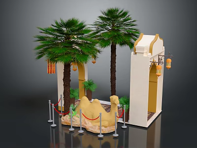 Ornate Entrance Gate With Palm Trees Camel Statue And Hanging Lanterns 3d model