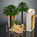 Ornate Entrance Gate With Palm Trees Camel Statue And Hanging Lanterns