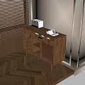 Modern Wooden Sideboard Cabinet with Glass Doors Drawers Topped with Small Appliance and Notebooks