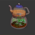 Transparent Teapot With Orange Liquid Blue Textured Lid Label Green Leaf Patterns Your Teas Leafs