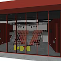 Staircase Conference Room With Red Black Seats Yellow Front Chairs And Red Walls