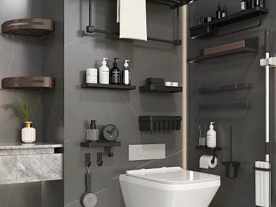 Modern Bathroom Set with Gray Walls Wooden Shelves Toilet and Toiletries 3d model