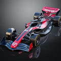 Red and Black Formula One Car with Aerodynamic Design Large Tires and Diffusione Livery