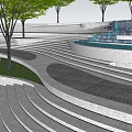Modern Curved Outdoor Stairs Design With Trees Grass Water Feature And Paved Landscape