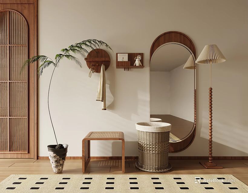 Warm Interior Nook Featuring Tall Plant Oval Mirror Wooden Door Floor Lamp And Wicker Basket 3d model 