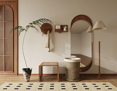 Warm Interior Nook Featuring Tall Plant Oval Mirror Wooden Door Floor Lamp And Wicker Basket 3d model
