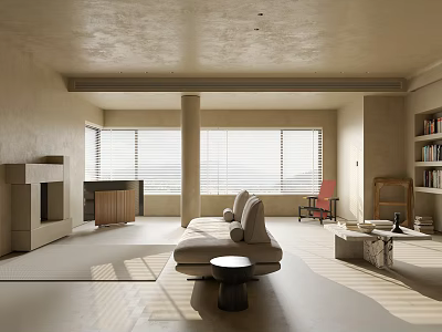 Modern Living Dining Room Interior With Large Windows Blinds Sofa Fireplace And Natural Light 3d model