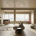 Modern Living Dining Room Interior With Large Windows Blinds Sofa Fireplace And Natural Light