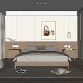 Modern Minimalist Bedroom Interior With Wooden Bed Decorative Painting Nightstands And Soft Carpet
