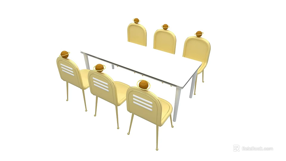 Modern Dining Table Set With White Table And Six Yellow Decorative Chairs 3d model