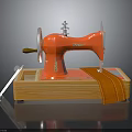Vintage Red Sewing Machine On Wooden Base With Orange Fabric