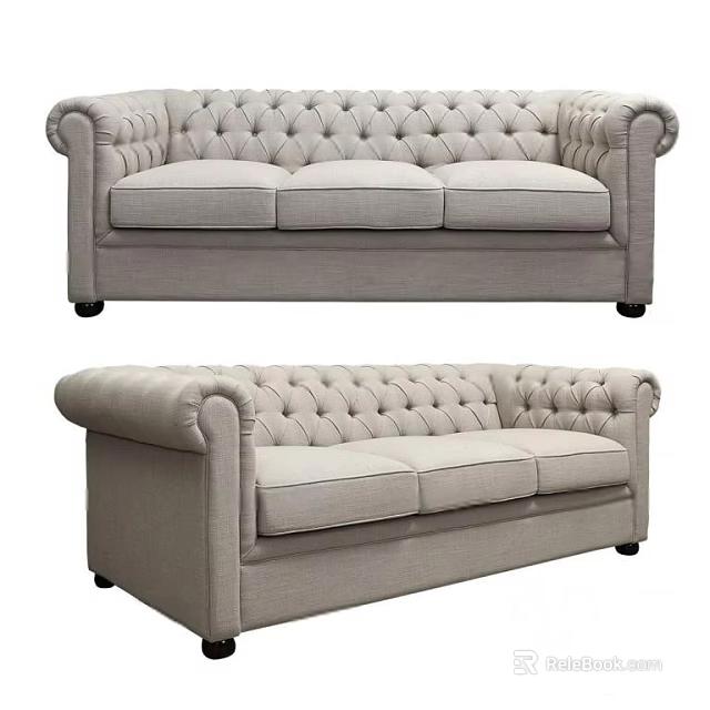 Classic Light Gray Tufted Double Sofa With Rolled Arms And Fabric Upholstery 3d model 