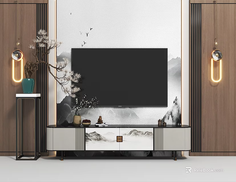 Modern TV Background Wall Design With Mountain Pattern Wooden Cabinets And Decorative Lighting 3d model