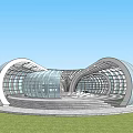 Modern Curved Architectural Structure With Glass Facade Circular Base On Green Lawn 3d model