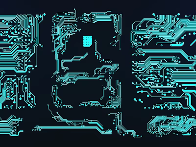 Circuit Board Design With Partitioned Sections And Blue Circuit Patterns 3d model